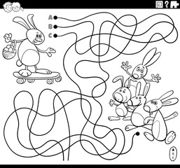 maze with cartoon Easter Bunny on skateboard coloring book page