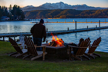 Hood Canal, Union Washington, waterfront, Fire in the firepit at the beach