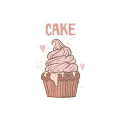 Cupcake decorated with cream, ganache, and chocolate chips. Detailed outline drawing of dessert, holiday baking. Handwritten lettering cake. Vector illustration in vintage style. Print design.
