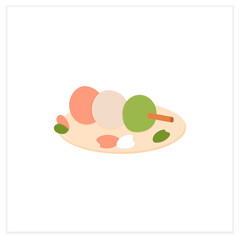 Sanshoku dango flat icon. Rice balls or dumplings on stick.Traditional dish.Spring Japanese food concept. Vector illustration