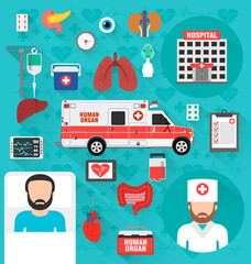 Healthcare concept design flat set. Human organ for transplant. Vector illustration