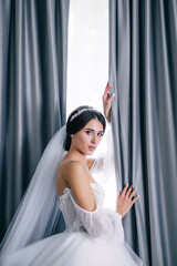 young girl in a luxurious wedding dress with a long veil near the window in the apartment. Woman with black hair with a wedding hairstyle. morning bride in a modern room