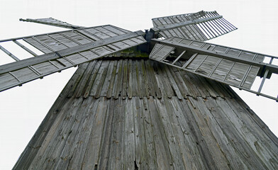 wooden mill, a koźlak windmill located near the village of wood in mazovia, poland March 2021 snowfall
