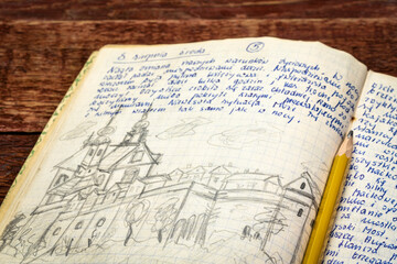 A detail from a 1970s vintage travel journal with handwriting and pencil sketches (property release attached) - post-Camaldolian Monastery in Wigry, Poland.