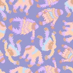 Vector seamless colorful pattern cryptozoology dancing yeti in pastel colors on purple