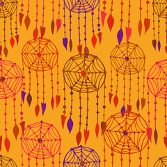 Vector colorful seamless pattern of lined dream catchers on orange