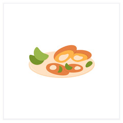  Asari clams flat icon.Fried in butter clams on plate. Traditional dish.Spring Japanese food concept. Vector illustration
