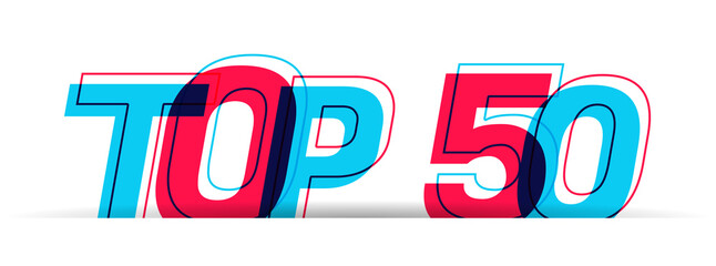 Top 50 sign. Overlapped red-blue letters isolated on a white background. Vector illustration.