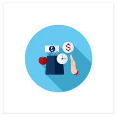 Pause flat icon. Pause before purchasing. Hand stops shopping. Waiting before shopping. Thoughtful spending money. Mindful spending concept.Vector illustration