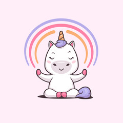 Cute unicorn meditating in lotus yoga pose with colorful rainbow vector kawaii cartoon illustration © Zoran Milic