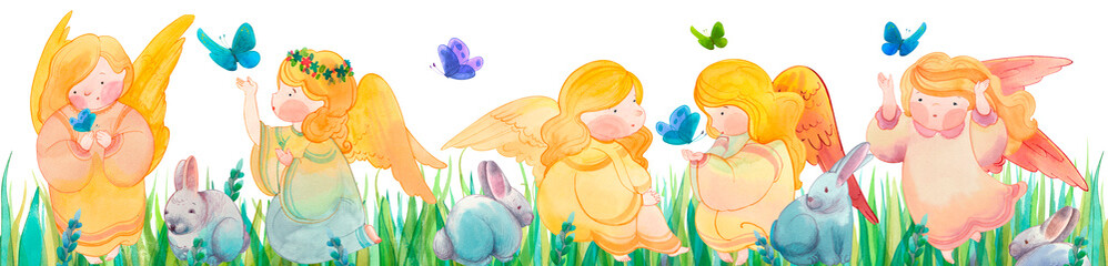 Easter border, hand drawn watercolor angels, rabbits, butterflies on the green grass. Spring banner. Easter decor, seamless ornament. Lovely angels baby
