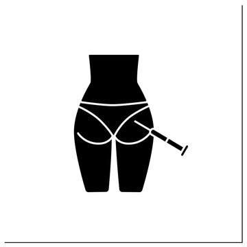 Neurotoxin injection glyph icon. Injection into buttocks.Correction, lifting of buttock.Surgery.Full syringe. Beauty cosmetic procedure concept.Filled flat sign.Isolated silhouette vector illustration