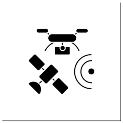 Drones photography glyph icon. Provide in-depth and varied data for their clients. Used for classification,mapping of vegetation.Filled flat sign. Isolated silhouette vector illustration