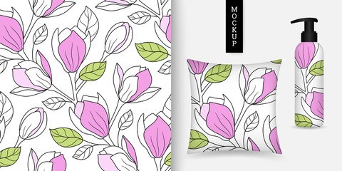 Floral seamless pattern. Beautiful magnolia flower background. Vector illustration. Modern ornament with blooming magnolias flowers. Repeating texture. Design paper, wallpaper, fabric. Mockup.