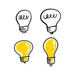 Light bulb doodle collection. Set of hand drawn electric lamp. Symbol of idea, innovation and solution.