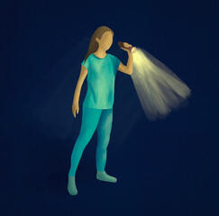Girl child in blue pyjamas walking with flaslight in the night scared. 