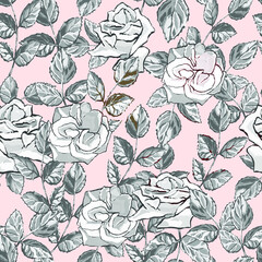 Seamless pattern with large roses, graceful rose petals. Vector black and white illustration on a pastel pink background. Use for printing wallpapers, backgrounds, fabrics, packaging, postcards.