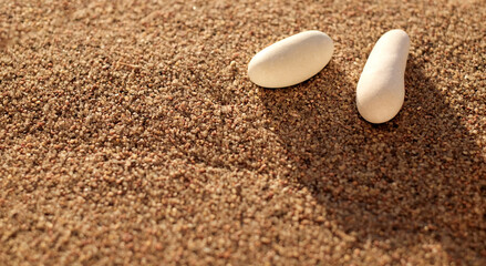 Two white stones on sand, summer background. Copy space