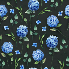 Watercolor seamless pattern. Blue hydrangea with leaves on dark background.