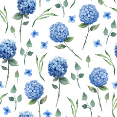 Watercolor seamless pattern. Blue hydrangea with leaves on white background. - 421618377