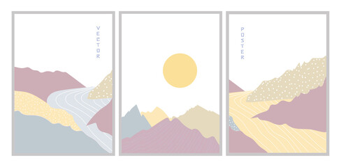 Vector illustration mountain landscape posters. Geometric landscape background in asian japanese style. Abstract symbol for print, poster, sticker, card design. 