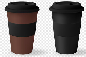 Mockup coffee cup blank. Paper mug for hot coffee with black lid isolated on white background. Packaging template mockup collection with clipping path. White blank, large, medium and small Takeaway