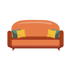 Sofa in certoon style iisolated on white background. Brown couch with pillow for cozy living room. Vector illustration. Perfect as an icon or logo for a furniture store or factory