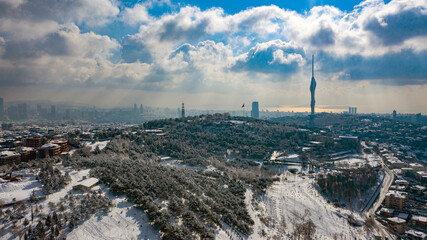 A panoramic photo taken by a drone over Camlica Hill that captures the magnificent scenery of Istanbul, Turkey. The vivid colors of the city during winter time reflects its authenticity