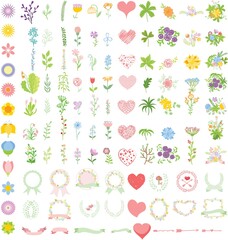 Set of wedding graphic set- wreath, flowers, arrows, hearts, laurel, ribbons and labels, brushes depicting an award achievement heraldry nobility