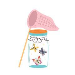 Glass jar with a butterfly net. Glass jar flask with flying insects. Vector modern illustration