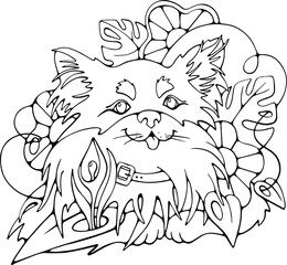 Cartoon little dog lying on grass with flowers. Cute hand drawn isolated vector doodle  stock illustration for children coloring books, cards, prints