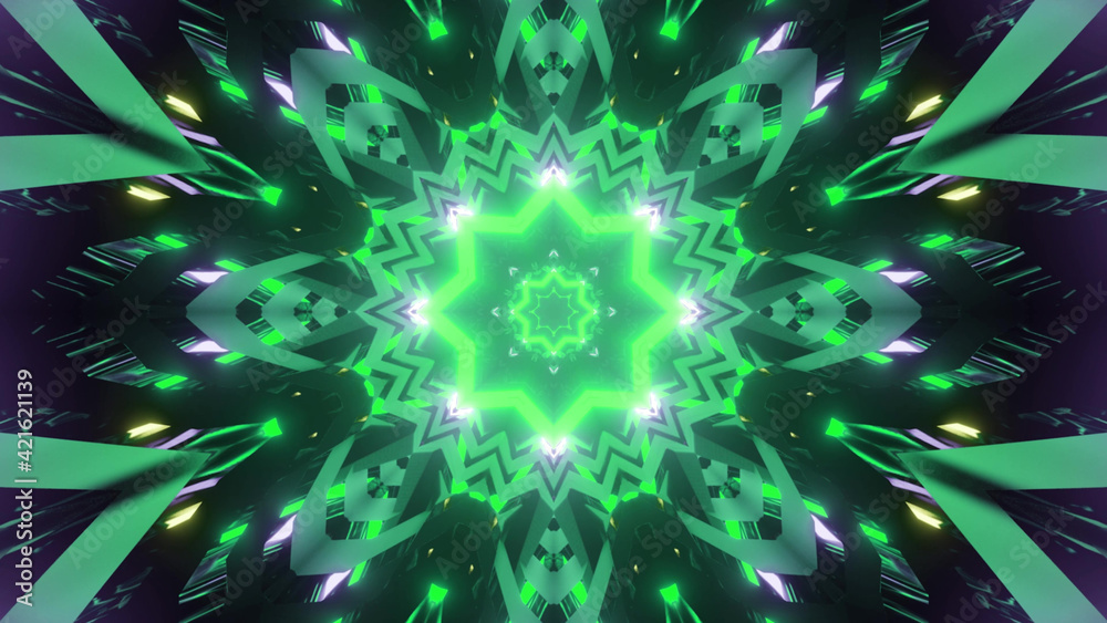 Sticker 3D rendering of green laser lights forming a floral pattern on a dark background