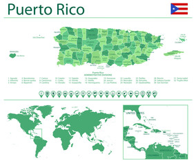 Puerto Rico detailed map and flag. Puerto Rico on world map.
