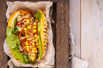 Homemade hot dog. Gourmet grilled hot dog.