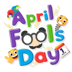 April fools day, text with emoticons and mask - 421621751