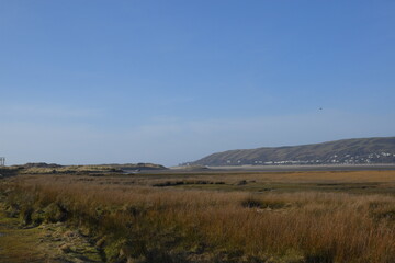 Fototapeta premium a view of ynyslas beach where the dyfi meets the see and where the cars usually park during the busy summers
