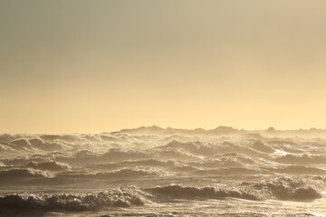 beautiful view of the ocean waves in the golden light of the sunset