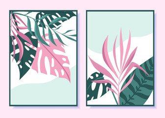 Abstract posters with tropical leaves. Modern Art. Vector illustration.