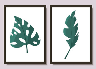 Set of minimalistic posters. Tropical plants on a white background. Vector illustration.