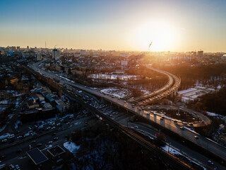 Evening Voronezh cityscape. Transport junction, aerial view