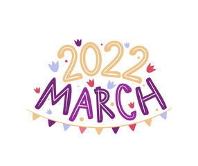 Fototapeta premium March 2022 logo with hand drawn tulips and garland. Months emblem for the design of calendars, seasons postcards, diaries. Doodle Vector illustration isolated on white background.