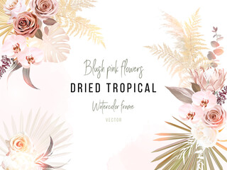 Trendy dried palm leaves, blush pink and rust rose, pale protea, white orchid, gold monstera