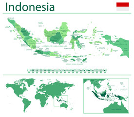 Indonesia detailed map and flag. Indonesia on world map.