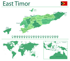 East Timor detailed map and flag. East Timor on world map.