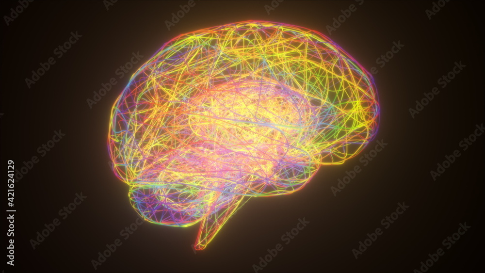 Poster colorful neon brain, computer generated. 3d rendering abstract backdrop from thin net