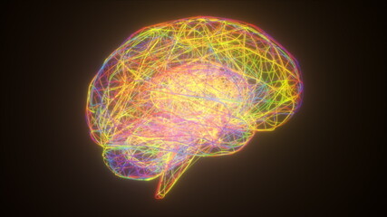 Colorful neon brain, computer generated. 3d rendering abstract backdrop from thin net