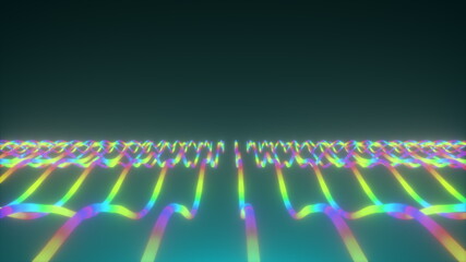 Displacement of neon wavy lines, computer generated. 3d rendering rainbow backdrop