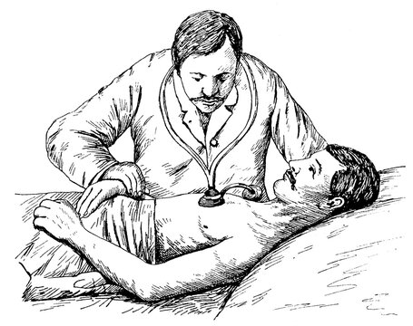 Examination or auscultation of the heart. Illustration of the 19th century. Germany. White background.