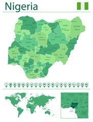 Nigeria detailed map and flag. Nigeria on world map.