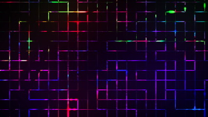 Neon lighting of blocks and gradient of lines, computer generated. 3d render abstract backdrop